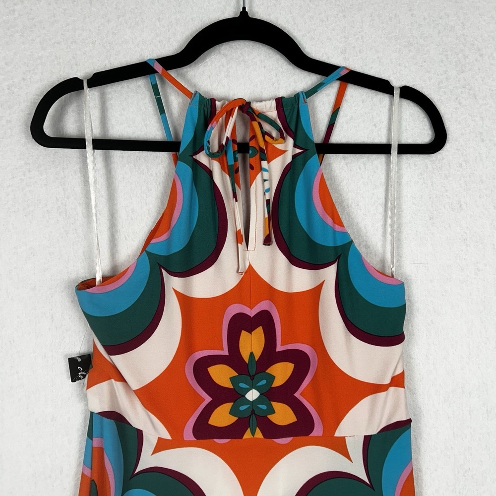 NEW Clover and Sloane Retro Halter Maxi Dress Colorful US Sz 8 70s V Neck Slit - Picture 5 of 11
